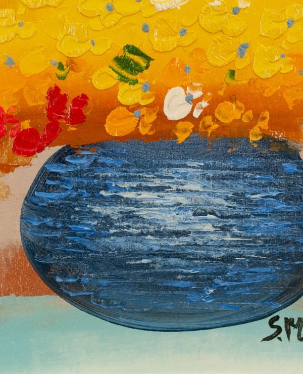 ○三岸節子○油絵 手描き《黄色い花》表サイン 裏サイン 三岸黄太郎