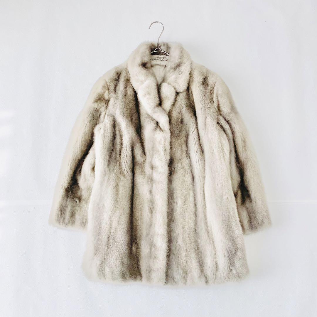 美品　サファイアミンク　ファーコート　リアルファー　本毛皮　ハーフコート　大きいサイズ　13号　XL　グレーベージュ　レディース