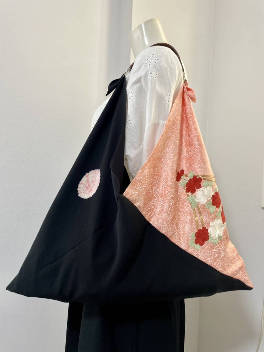 着物リメイク☆エコバッグあづま袋を作りました 正絹地模様花紅葉 