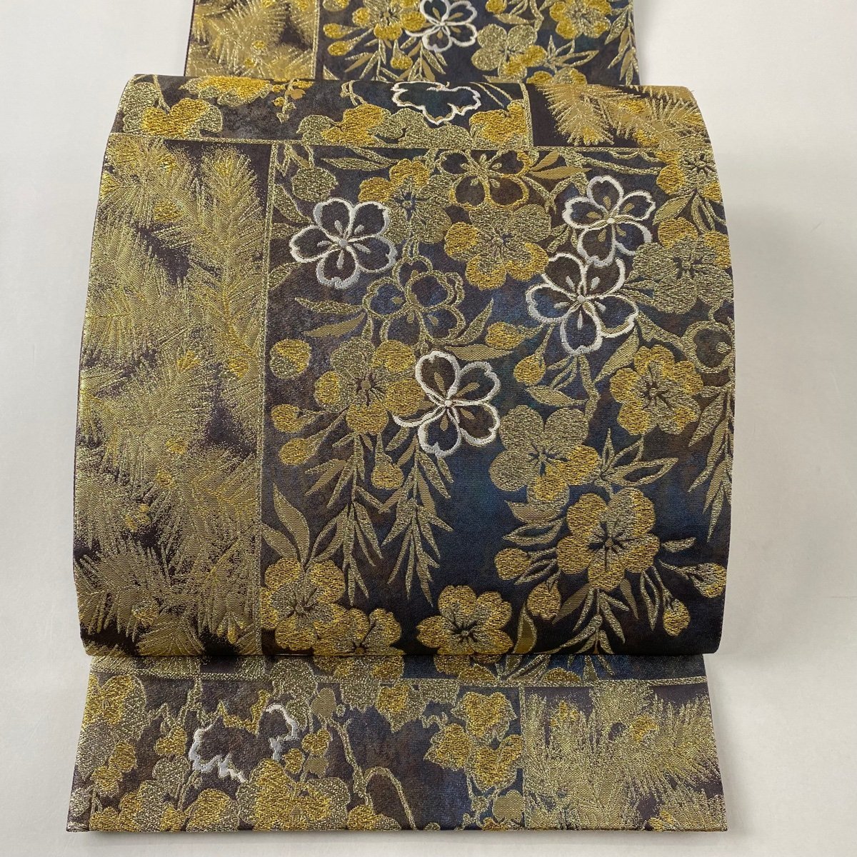 袋帯 秀品 金糸 30%OFF 紫 青紫 袋帯 美品 秀品 桜 若松 金糸