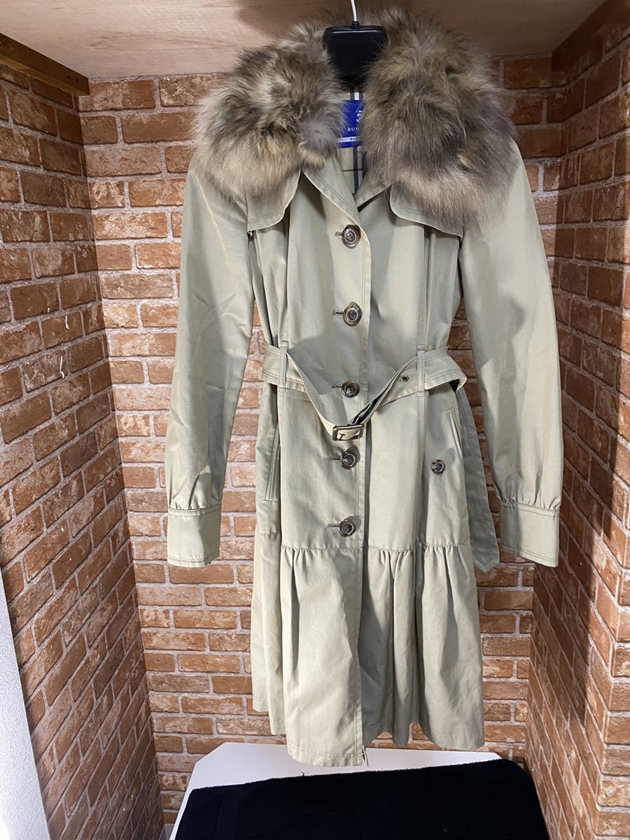 BURBERRY BLUE LABEL バーバリー ブルーレーベル ウールライナー付き フォックスファー コットン100% トレンチコート 38サイズMサイズ相当