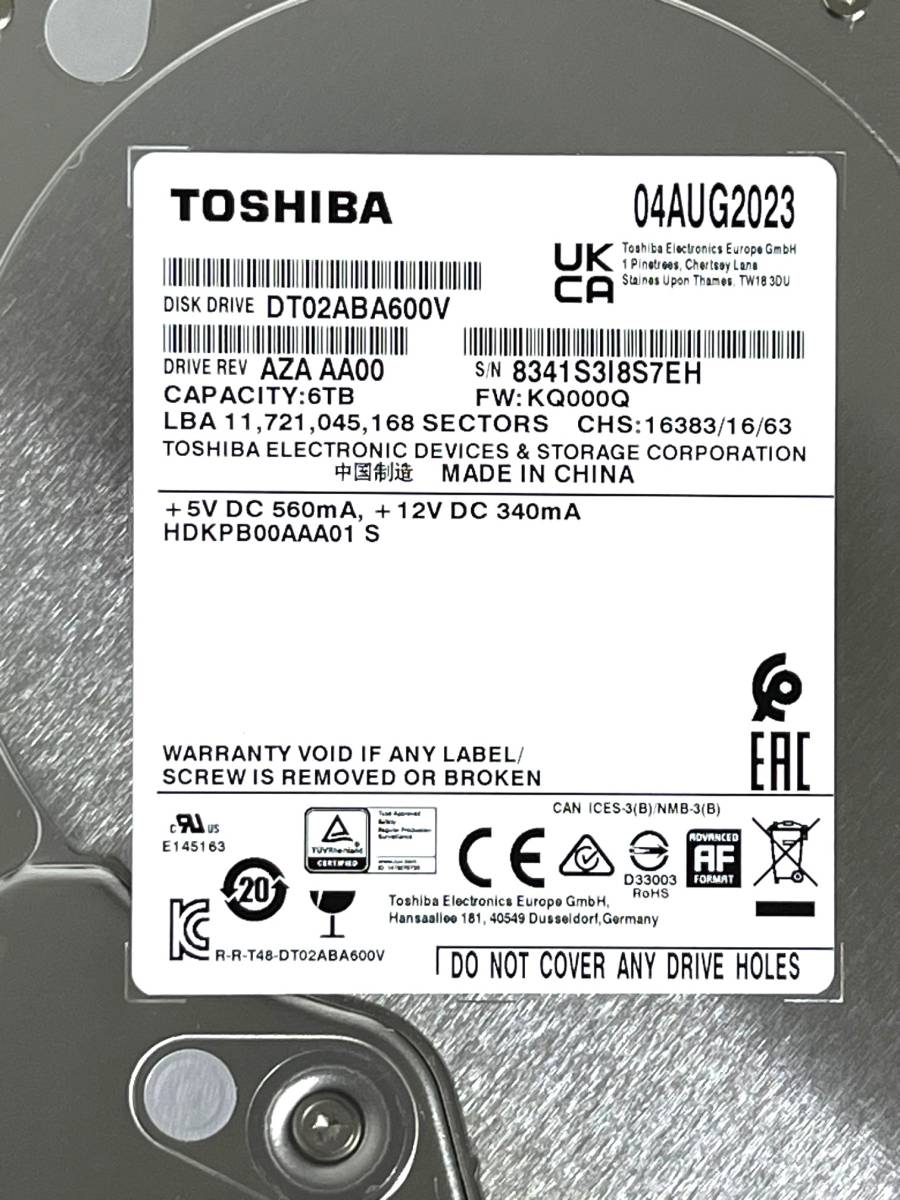 送料無料】 ☆ 6TB ☆ TOSHIBA / DT02ABA600V 【使用時間：0h】 2023