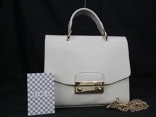 1円 ■極美品■ FURLA フルラ ジュリア レザー 2WAY チェーン ハンドバッグ ショルダー 斜め掛け 肩掛け レディース ホワイト系 AQ8751