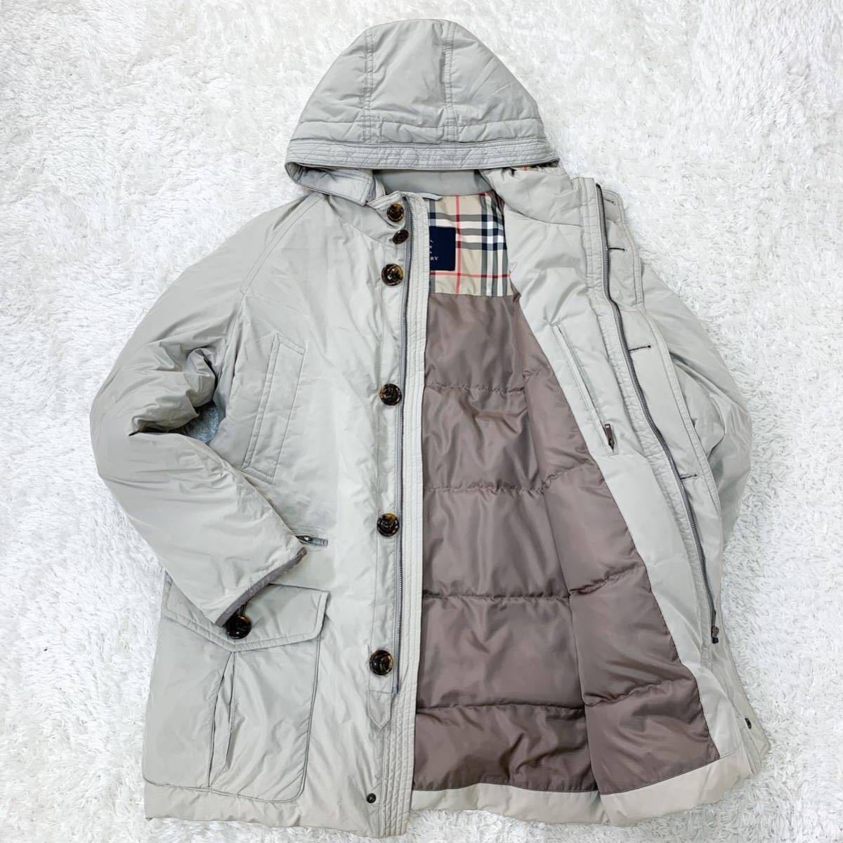 極美品 BURBERRY LONDON バーバリーロンドン ノバチェック ダウンジャケット ダウンコート フード Mサイズ アイボリー系 メンズ