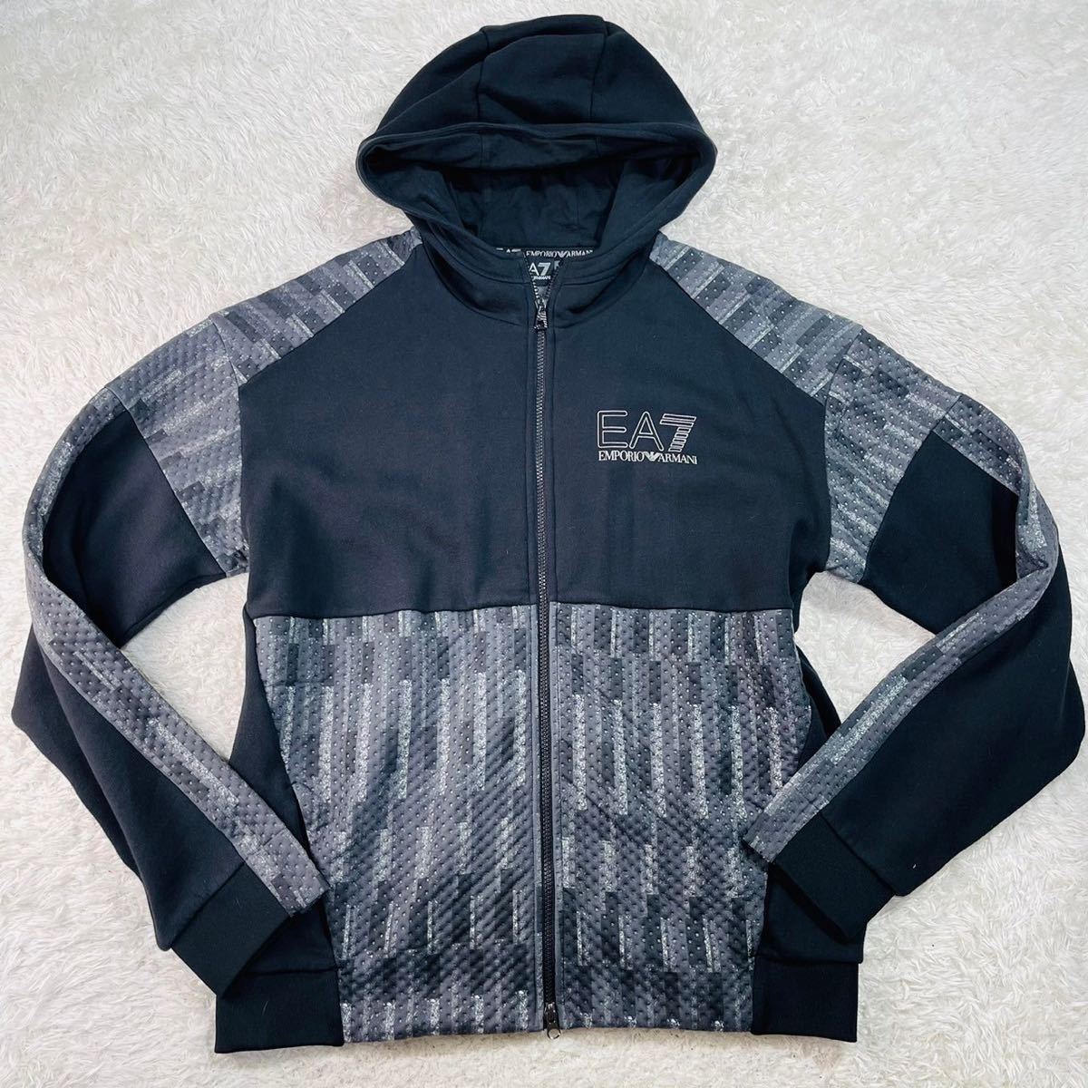 希少3XL！極美品 EMPORIO ARMANI エンポリオアルマーニ ダブルジップアップパーカー フード ブルゾン ジャケット 総柄 EA7 黒 灰色