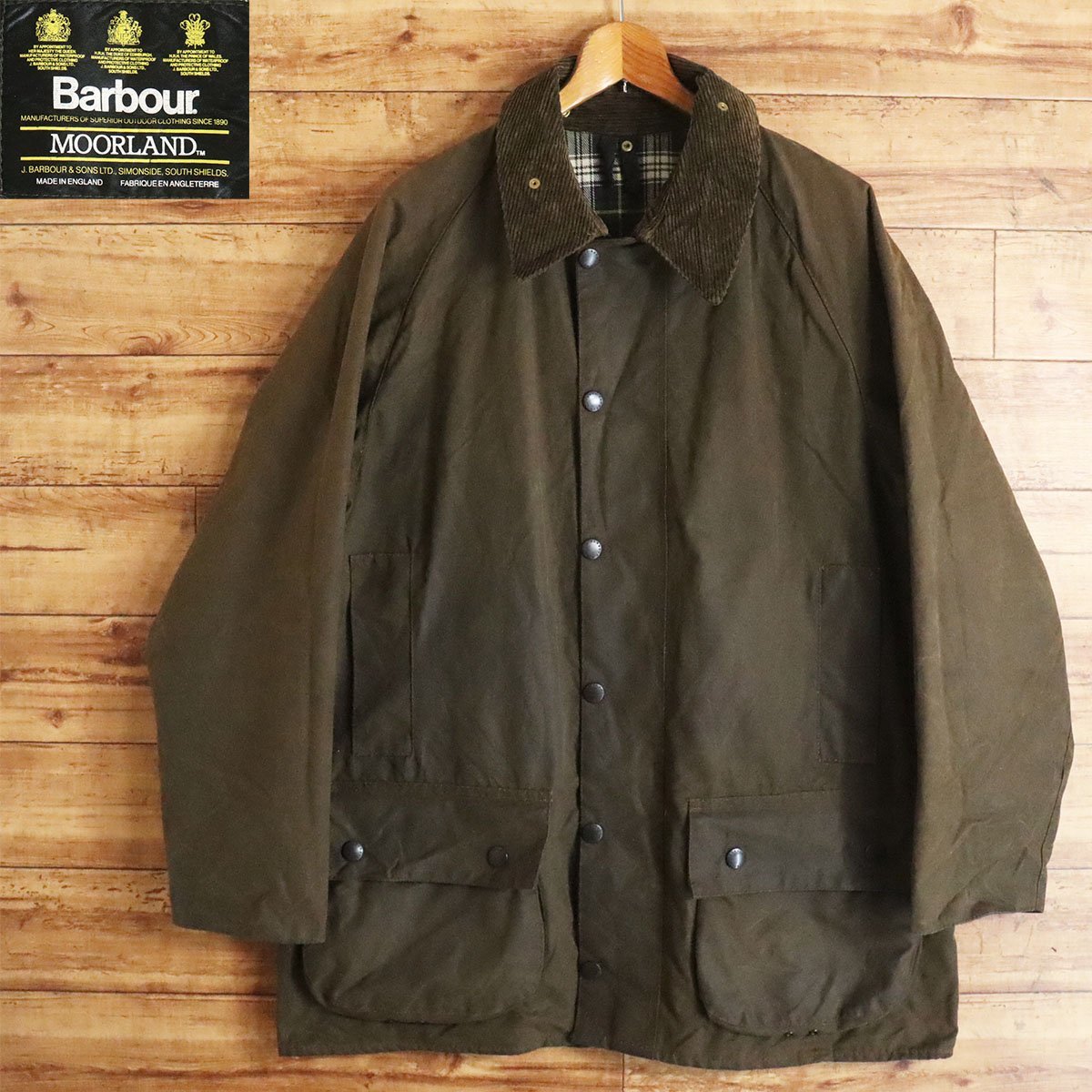 D2S/Y8.16-2　90年代　英国製　Barbour　バブアー　MOORLAND　ムーアランド　オイルドジャケット　ハンティングジャケット　カーキ系