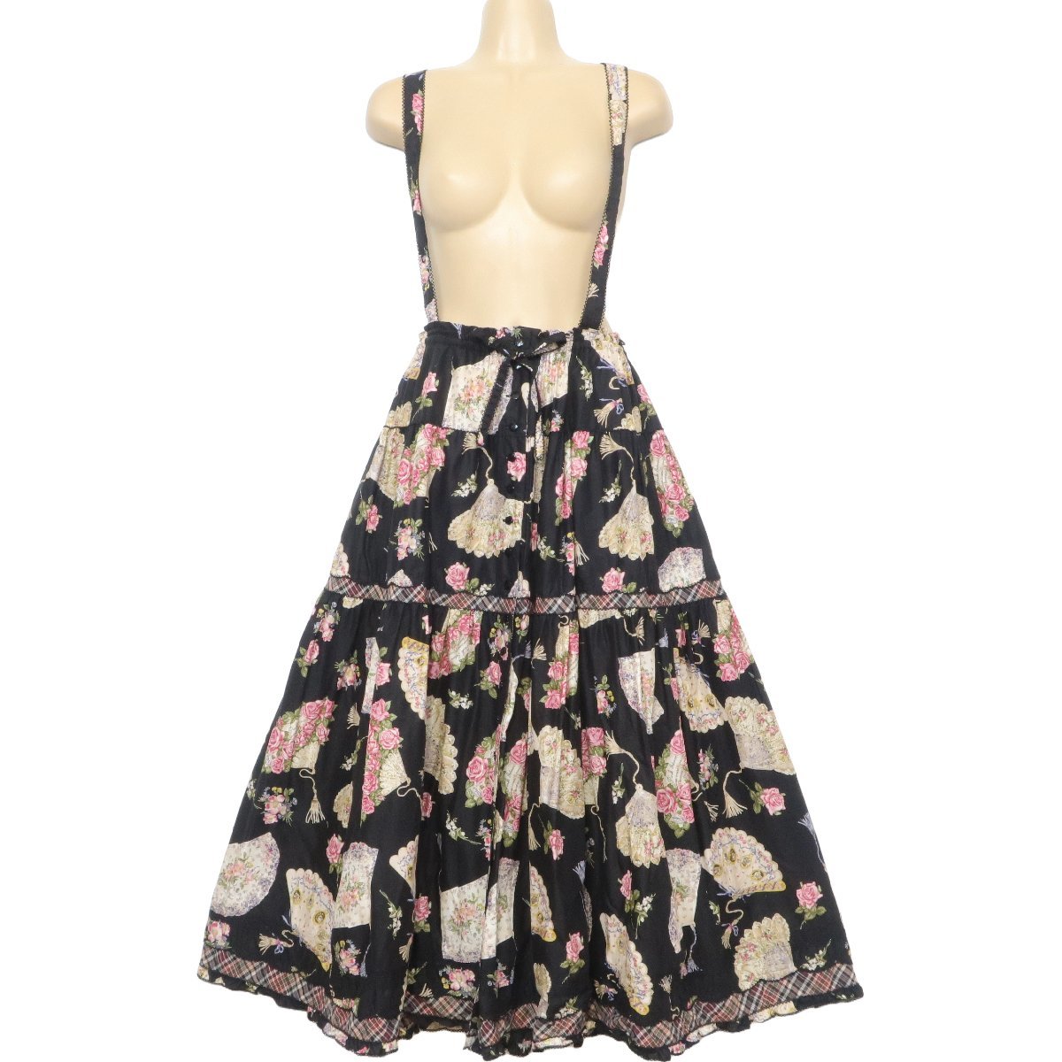 【美品】PINK HOUSE ピンクハウス★2019年製 可憐でクラシカル 扇子とローズ柄♪前開きレイヤードにも◎ 肩ひも付き　スカート 黒系 z4853