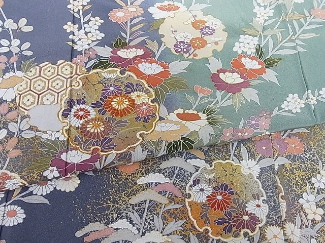 平和屋-こころ店□訪問着 絞り 刺繍 雪輪花文 黒地 金彩 着丈166cm 裄