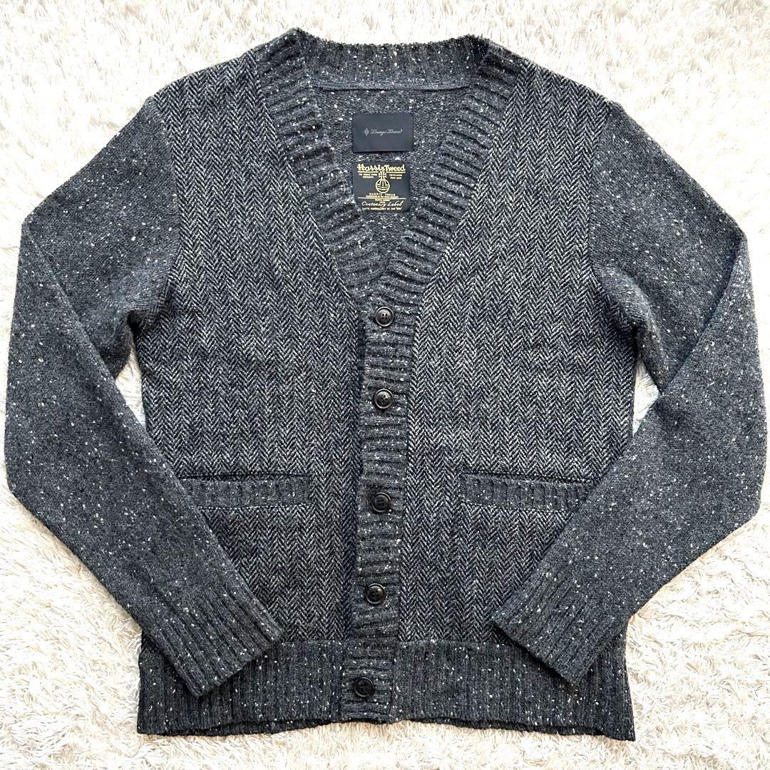 LOUNGE LIZARD ★希少 ハリスツイード★ Lサイズ ラウンジリザード Harris Tweed カーディガン ニット ヘリンボーン 袖切替え 灰色 グレー