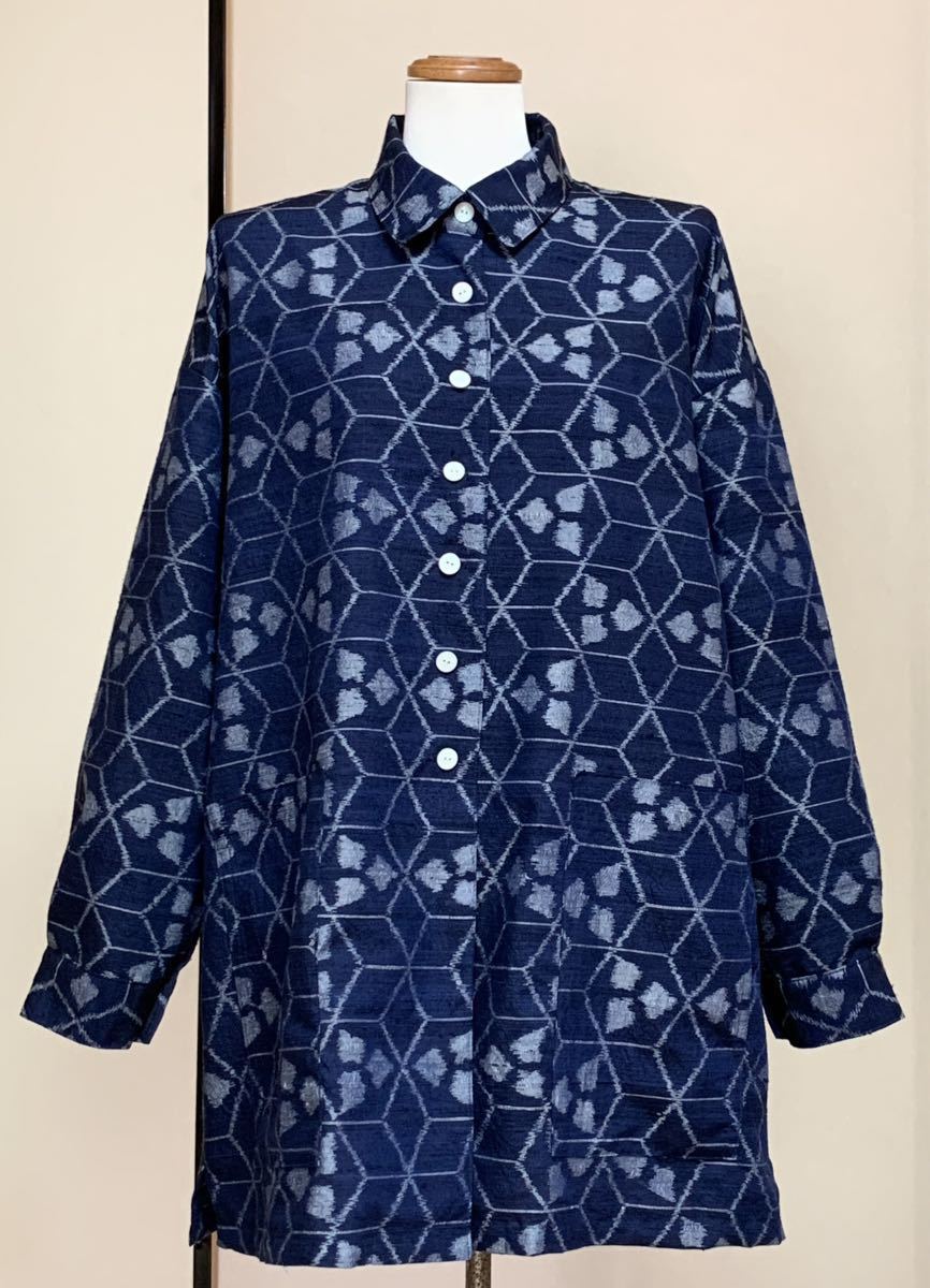 ☆着物リメイク☆ 洒落た紬でシャツブラウス 着物リメイク シャツ