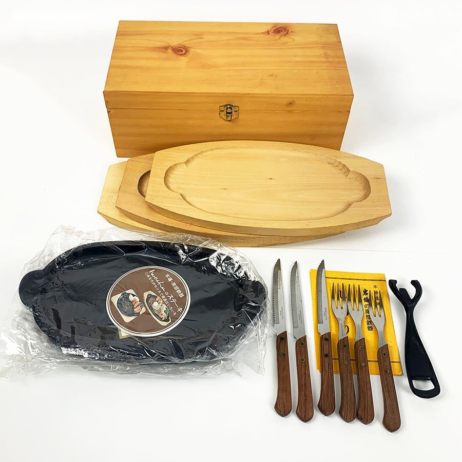 美品◆5組セット◆南部鉄器◆岩鋳IWACHUステーキ皿◆鉄板・木皿 未使用 IWACHU 本場盛岡 南部鉄器 岩鋳 ステーキ皿 3枚 元箱入り