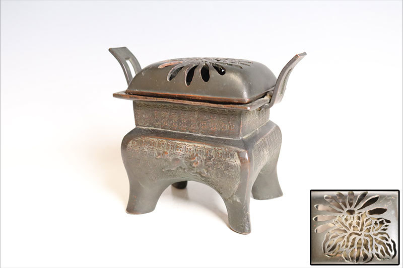 SALE，豊富な 時代物 古銅 七宝繋獅子紋 双耳香炉 菊桐透銅