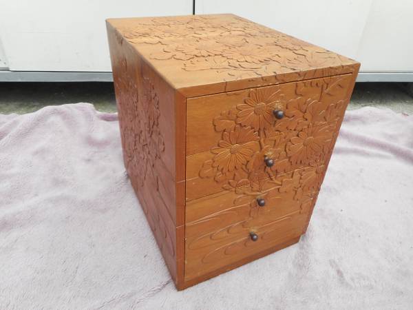 ■木製 ４段引き出し収納 小物入れ 花柄 彫刻■送料500～