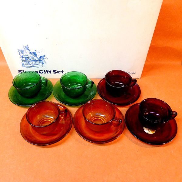 k149 耐熱カラー 強化ガラス食器 シェラ Sierra Glass カップ＆ソーサー フランス製/100