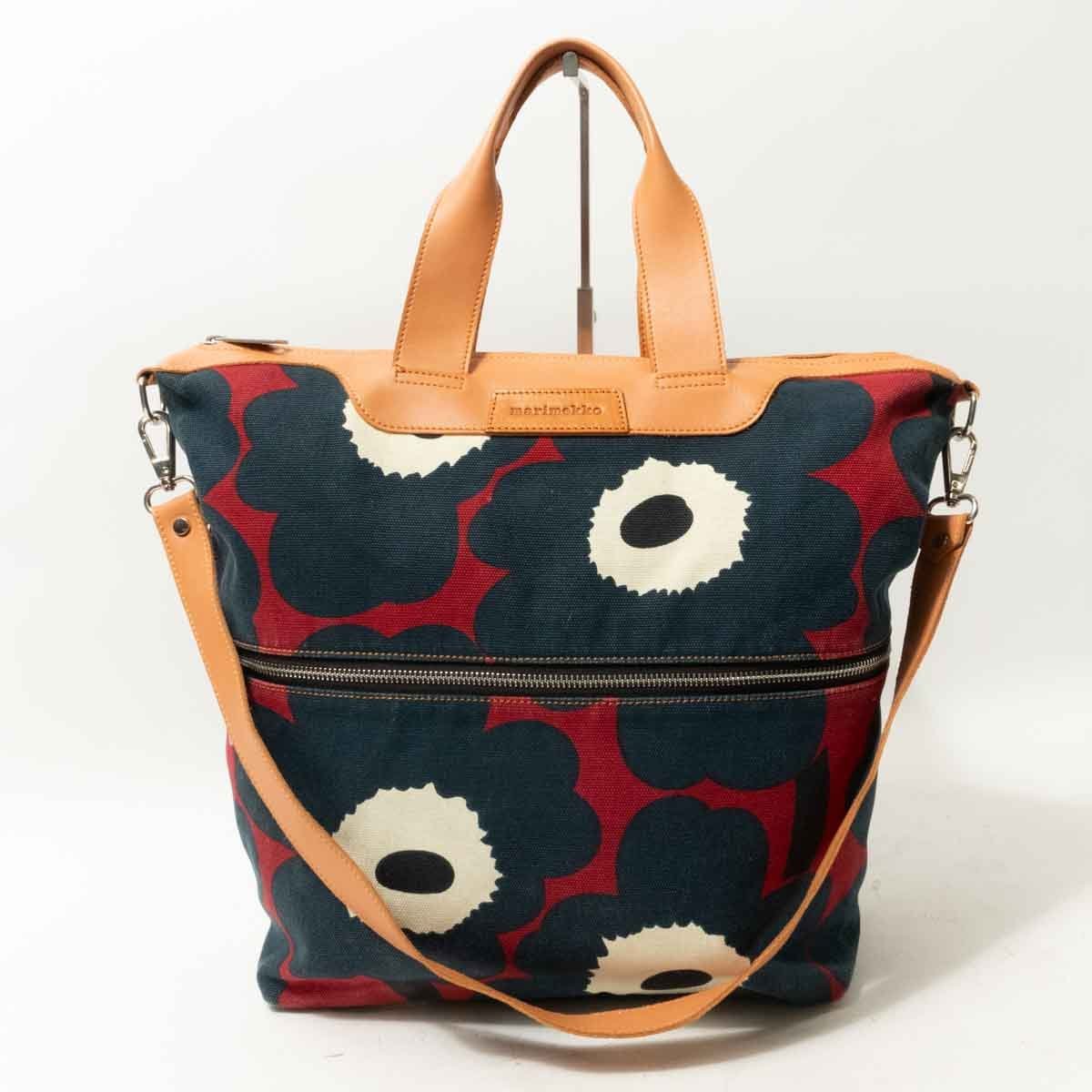 【1円スタート】marimekko マリメッコ 2WAY ウニッコ柄 レザー ショルダーバッグ ハンドバッグ 綿100% コットン 革100% レッド ネイビー