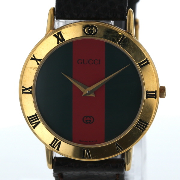 グッチ GUCCI シェリーライン 3000M クオーツ グリーン・レッド 文字盤 2針式 メンズ 腕時計 【xx】【中古】4000018800300215