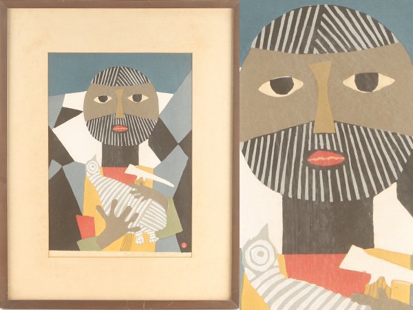 心庵】額装 河内成幸「1995翔べ北斎（VI）／木版 画寸65×98cm 直筆