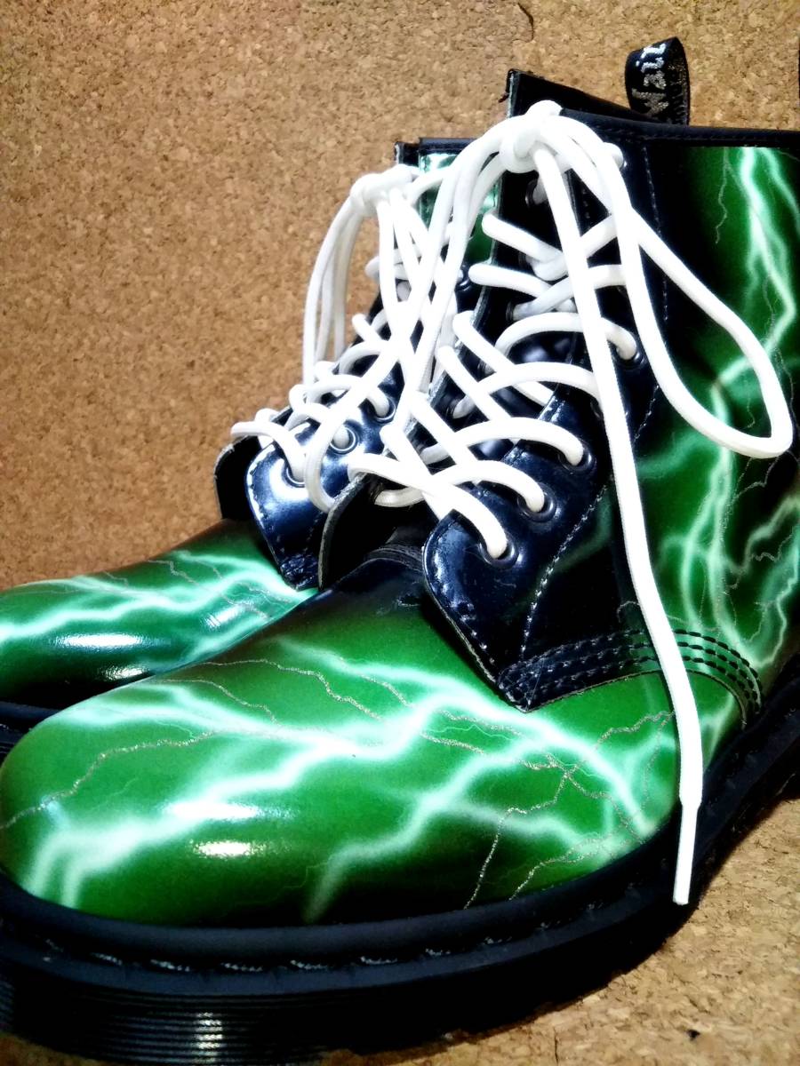 【Dr.MARTENS】ドクターマーチン FLASH フラッシュ 1460 8ホールブーツ UK8 (27cm ) 8EYE BOOT BLACK×GREEN 稲妻 雷 イカヅチ柄【極美品】