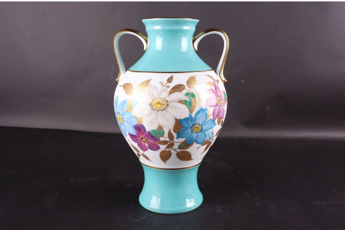 [URA]Noritake/ノリタケ/色絵金彩花紋双耳花瓶/31.5cm/16-11-02　(検索)骨董/置物/オブジェ/飾物/壷/壺/花入/花器/華道具/花生