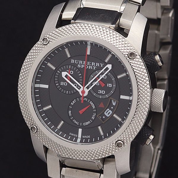 1円 稼働 美品 箱付 バーバリー QZ BU7702 スポーツコレクション クロノ デイデイト 黒文字盤 メンズ腕時計 9274100KNK