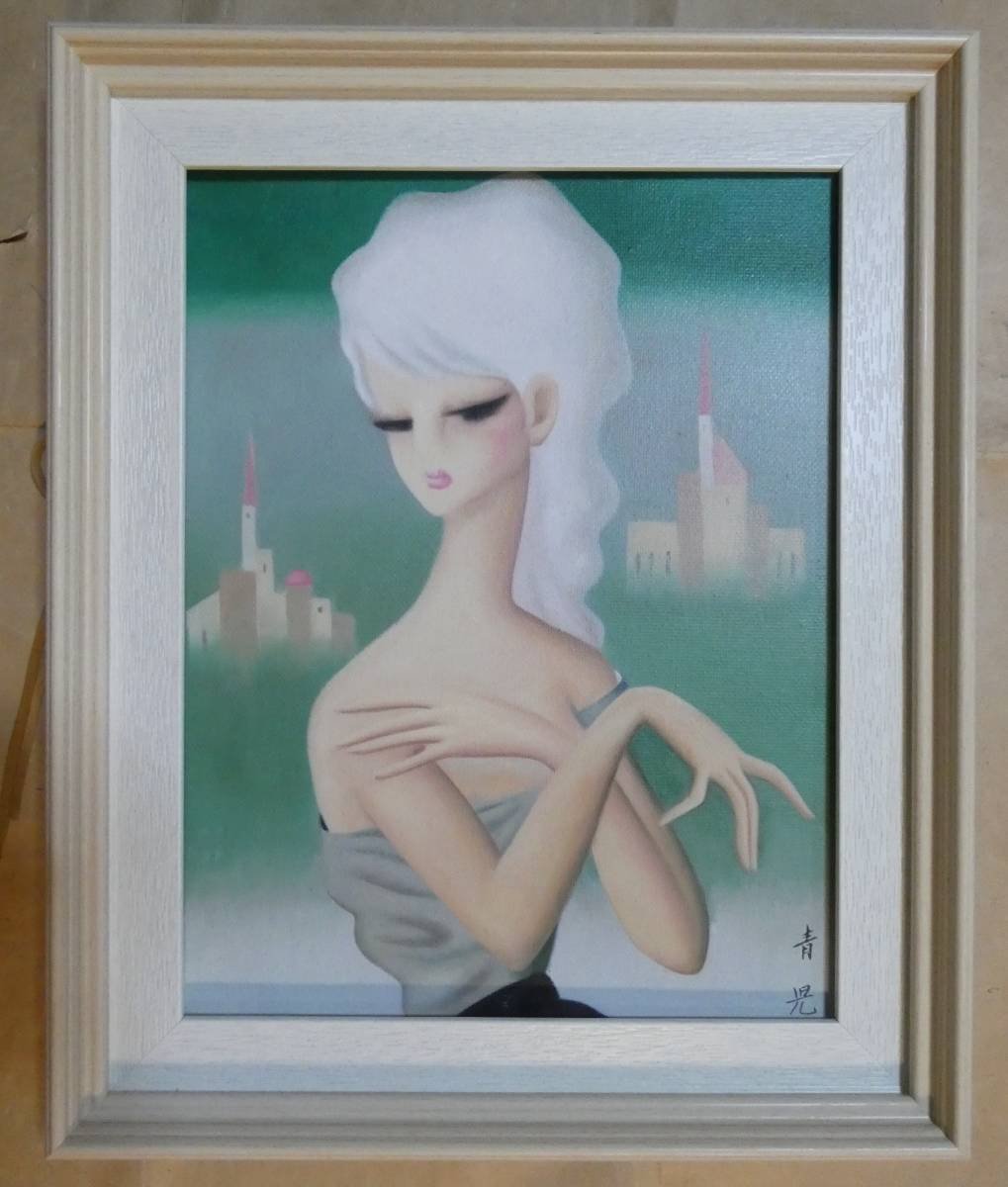 ▽ F6号 日本絵画 油彩 人物 東郷青児「熏風」 逸品作 額装 サインあり▽