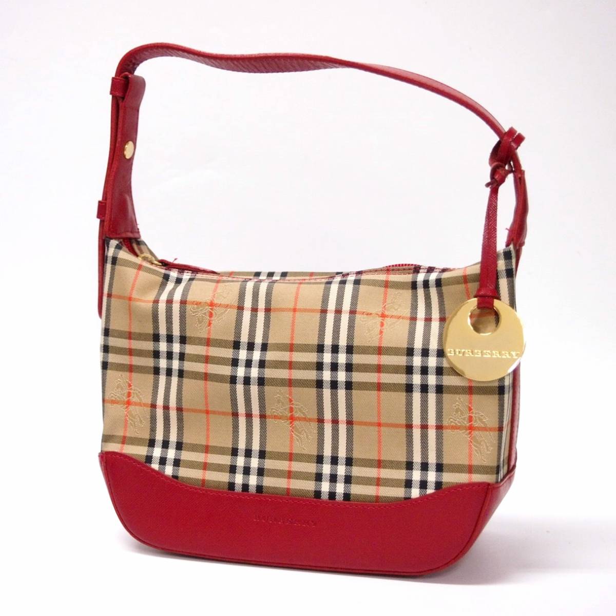 B8-163 BURBERRY ワンショルダー バッグ バイカラー ベージュ レッド 