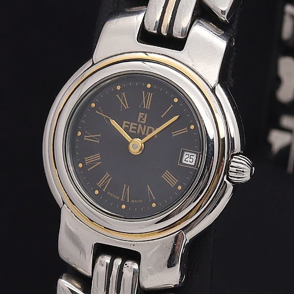 1円 稼働 箱付 フェンディ QZ 980L 黒文字盤 デイト ローマン レディース腕時計 2926000NKG