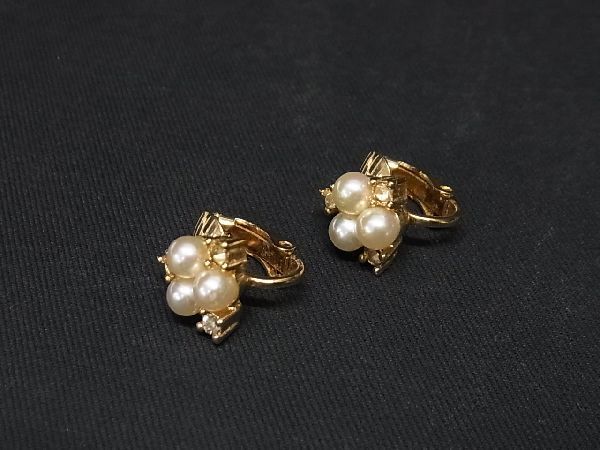 1円 ■美品■ ChristianDior ディオール ヴィンテージ ラインストーン パール クリップ式 イヤリング アクセサリー ゴールド系 AV2397