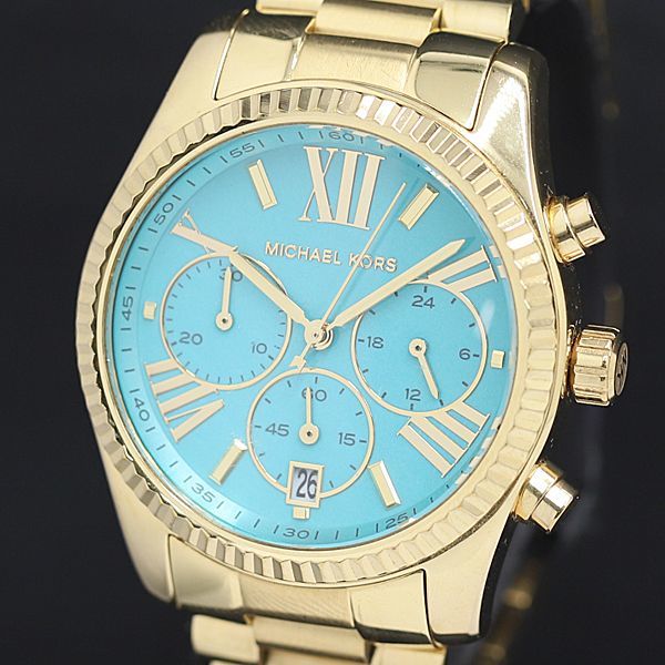 1円 稼働 QZ 良品 マイケルコース MK-7216 水色文字盤 デイト クロノグラフ NBY メンズ腕時計 KRK 2000000