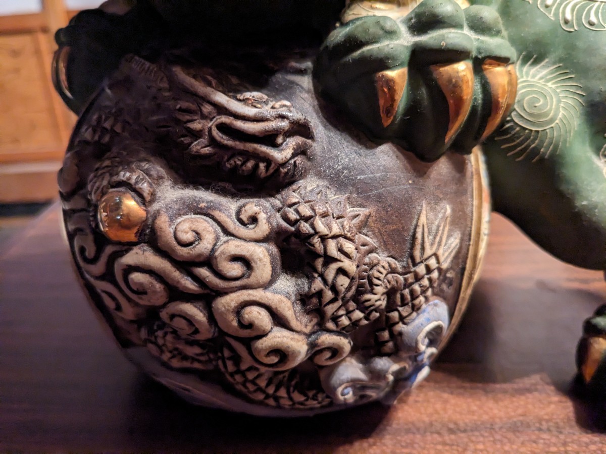 九谷焼 玉乗り獅子 置物 魔除け 玉獅子 陶器 狛犬 - 玉獅子」九谷 