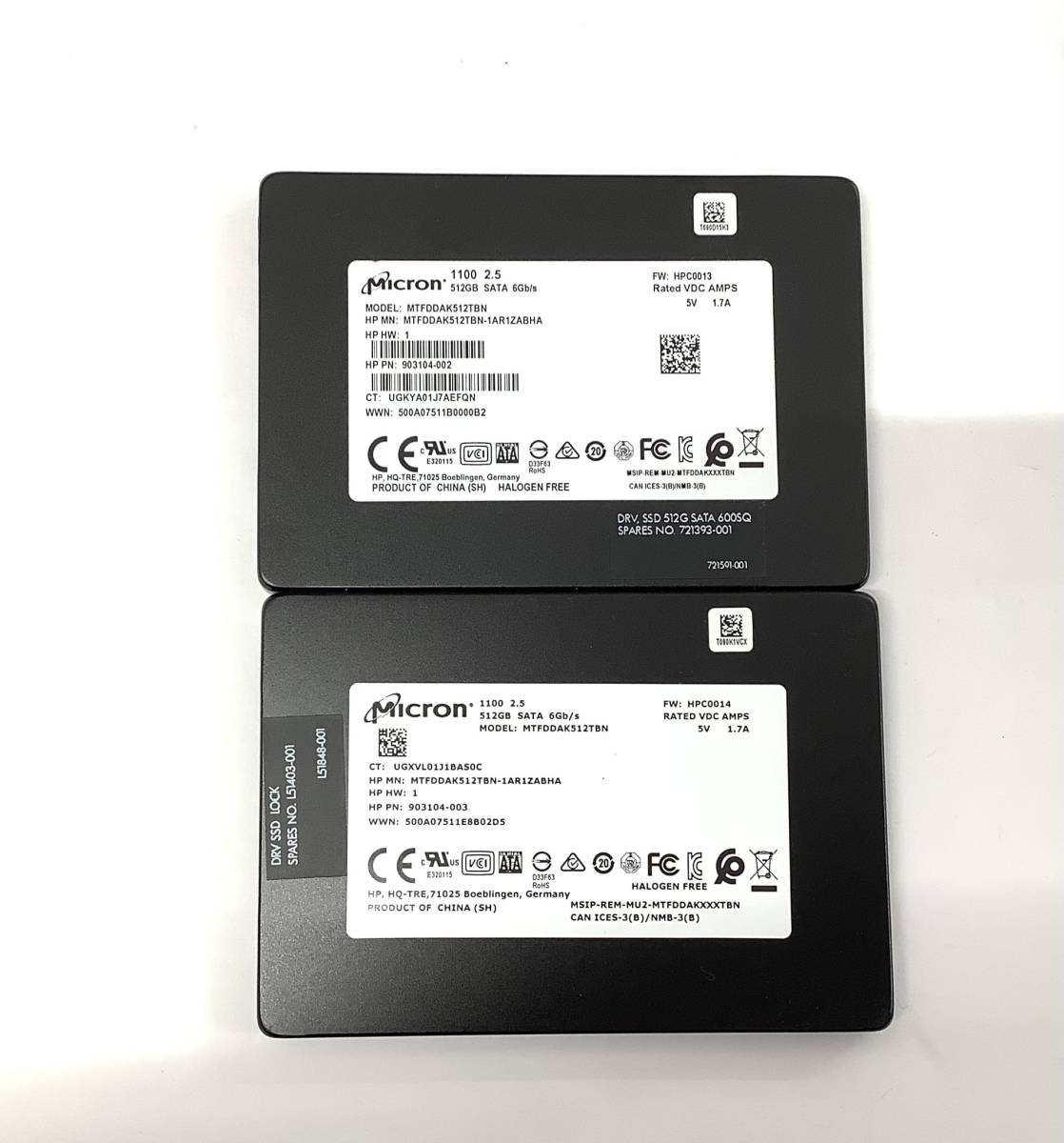 K5120833 Micron SATA 2.5インチ 512GB SSD 2点【中古動作品】