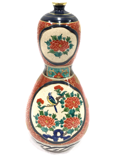 九谷焼　明陶　花瓶　花器　花入　骨董品　インテリア　年代物　フラワーベース 九谷焼 花器 花瓶 壺 孔雀 花入 牡丹 13号花瓶 陶明作アンティーク 新品