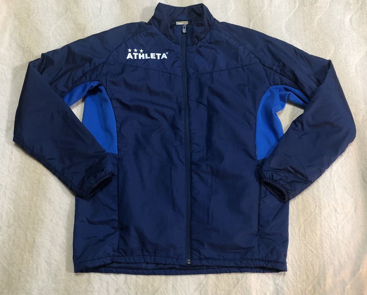 ☆ATHLETA☆アスレタ ビッグロゴ 中綿 ウォーマー ジャケット L 紺系 保温 切替 サッカー