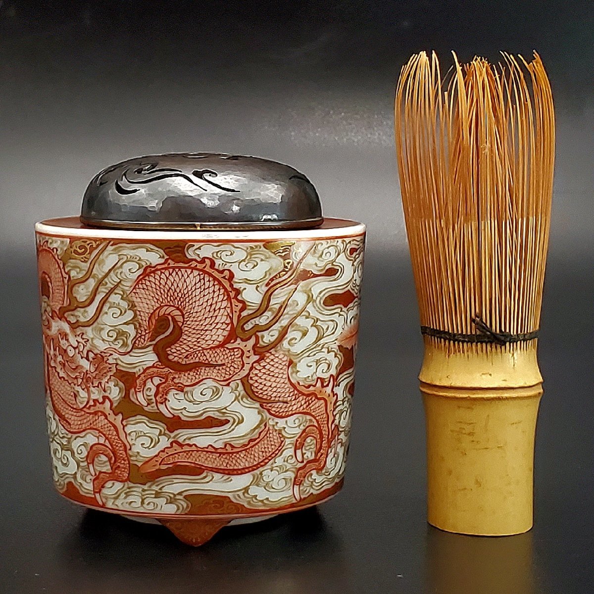 宝蔵】九谷焼 名工 谷秋渓 金彩赤絵細描 細密龍鳳凰図 竜鳳文 香炉