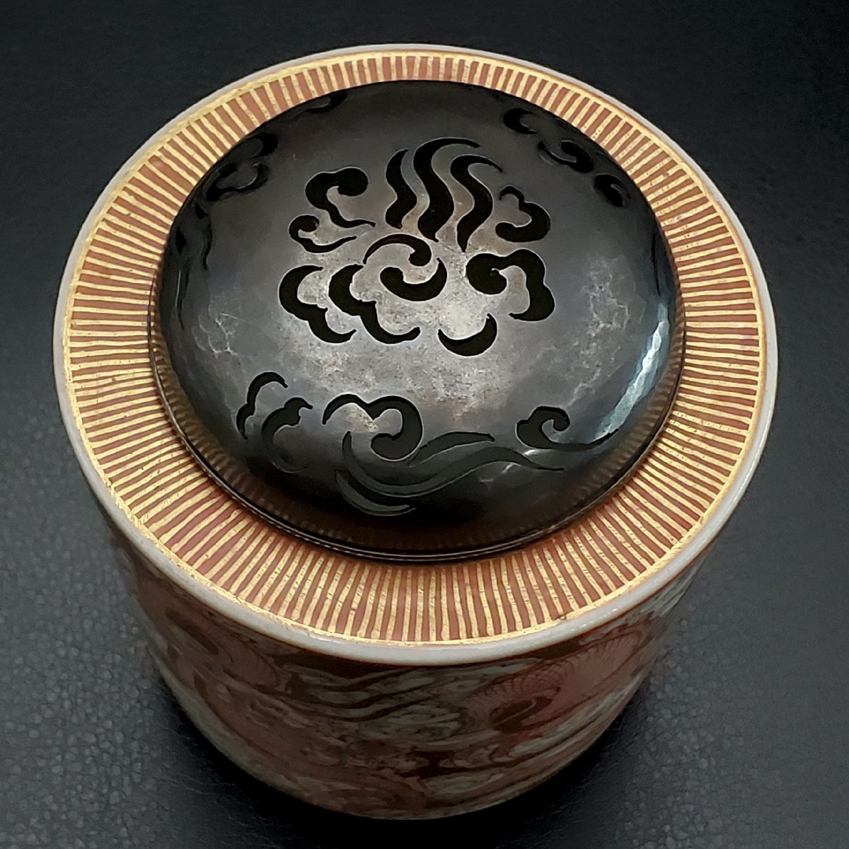 宝蔵】九谷焼 名工 谷秋渓 金彩赤絵細描 細密龍鳳凰図 竜鳳文 香炉