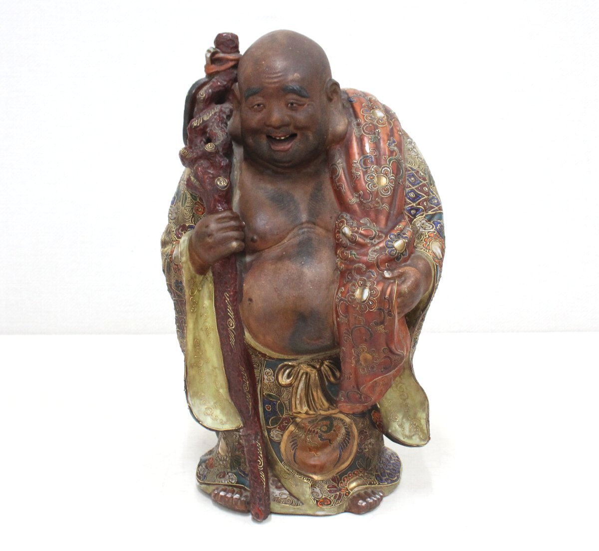 jv40□九谷焼◇古九谷造◇金彩色絵◇布袋像◇時代物◇高さ35cm◇古陶