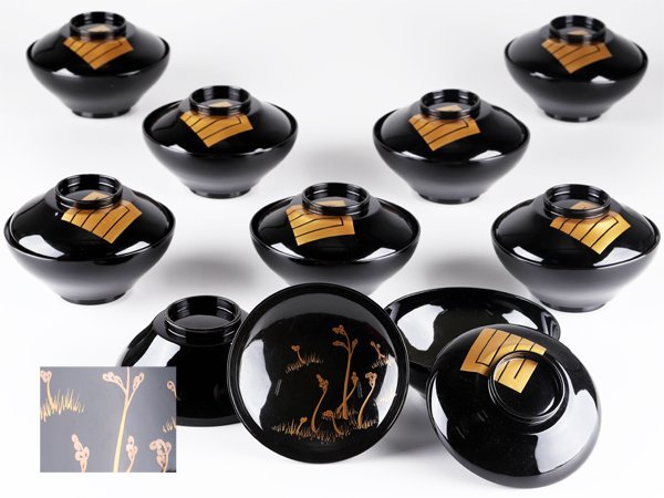 流】能登輪島塗 蒔絵吸物椀九客 箱付 KS490 吸物椀 流能登輪島塗