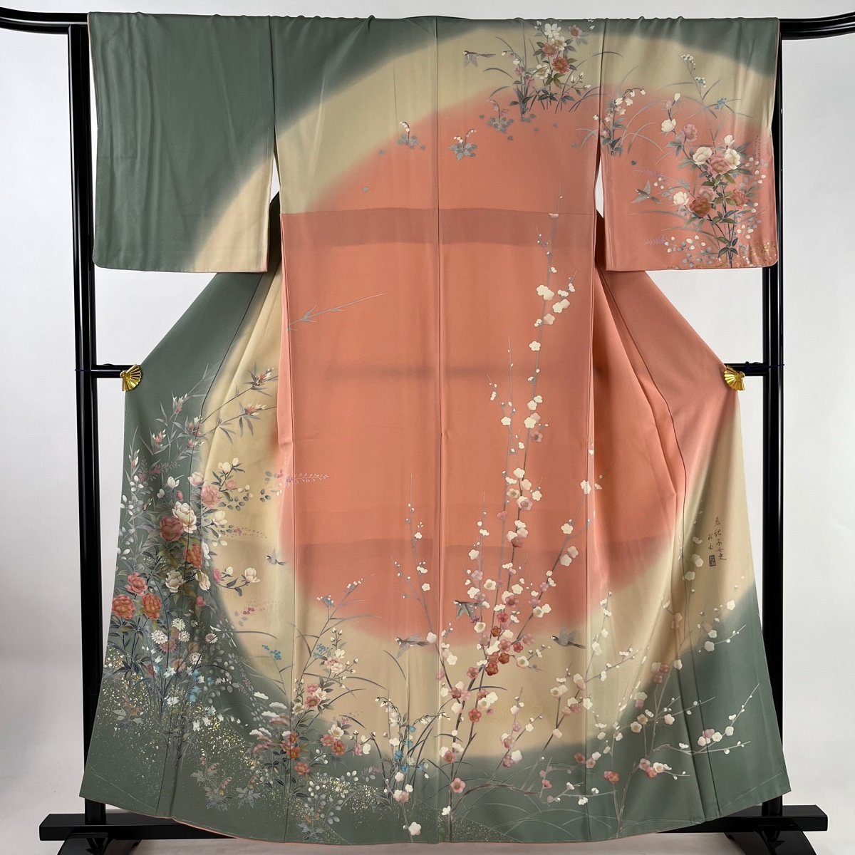 訪問着 身丈159cm 裄丈65cm M 袷 落款 鳥 草花 金銀彩 染め分け 灰緑 正絹 美品 秀品 【中古】