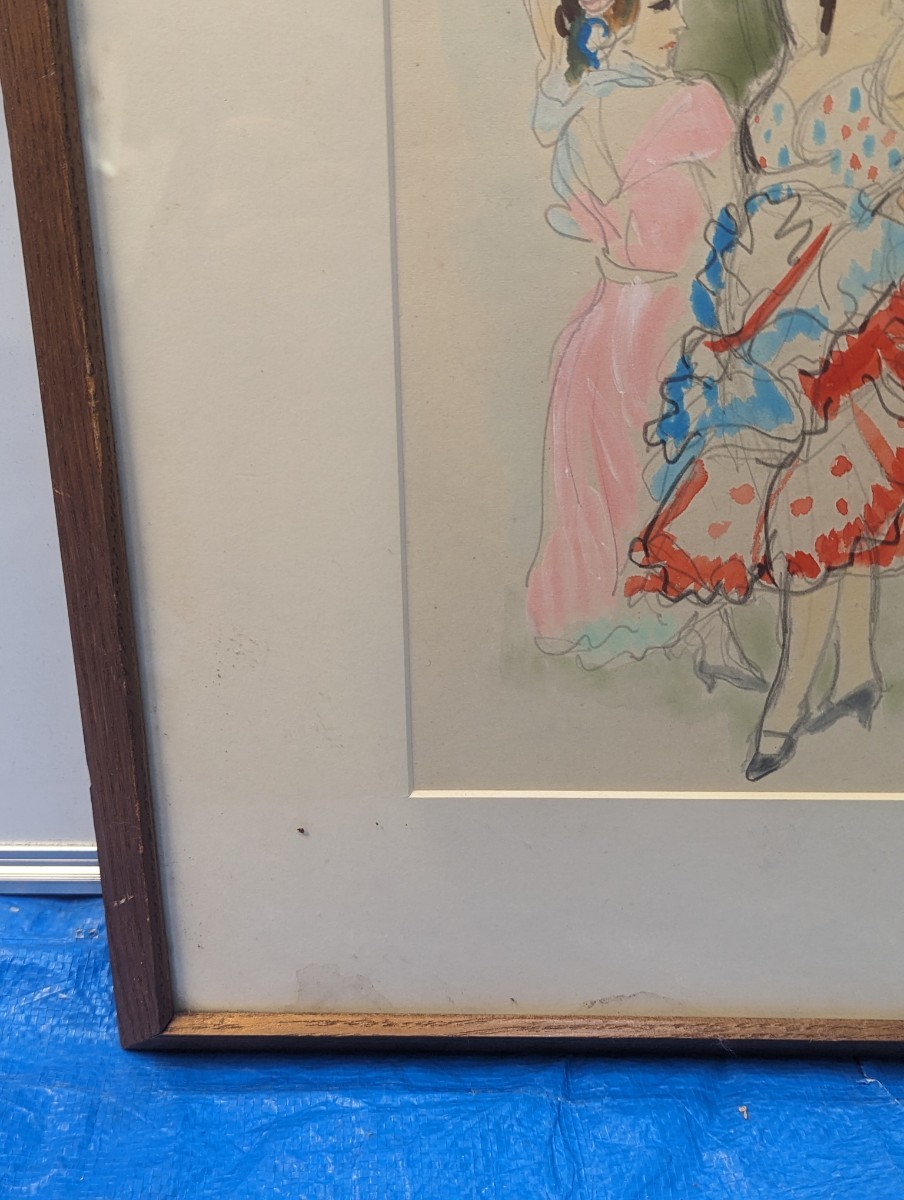 水彩画 人物画 安藤軍治 Sevilla 額装 サインあり 42.5×45.5cm 引取