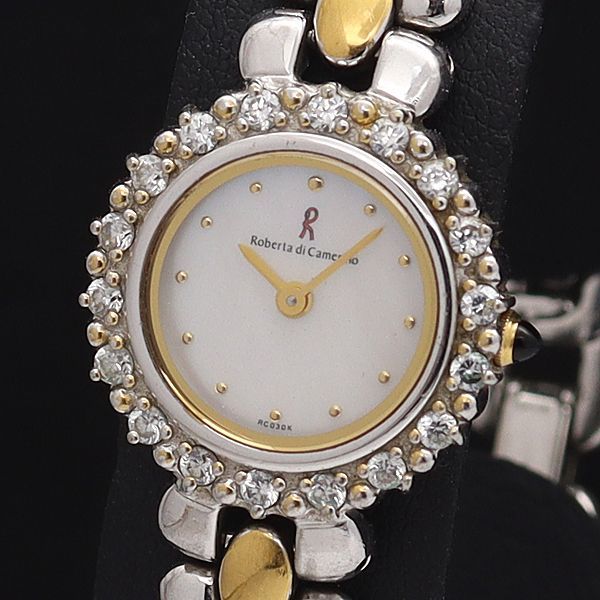 1円 稼働 良品 ロベルタディカメリーノ QZ 978.0215.2 石付 ホワイトシェル文字盤 レディース腕時計 TLG 6881000YSD