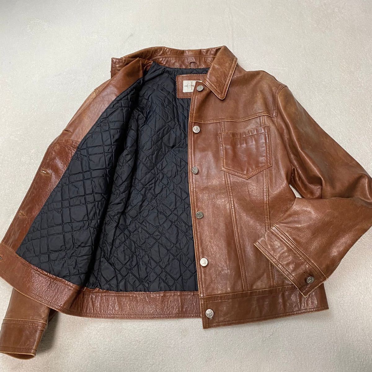 カルバンクライン/ck Calvin Klein ロゴ刻印 銀ボタン 本革 カウレザー 