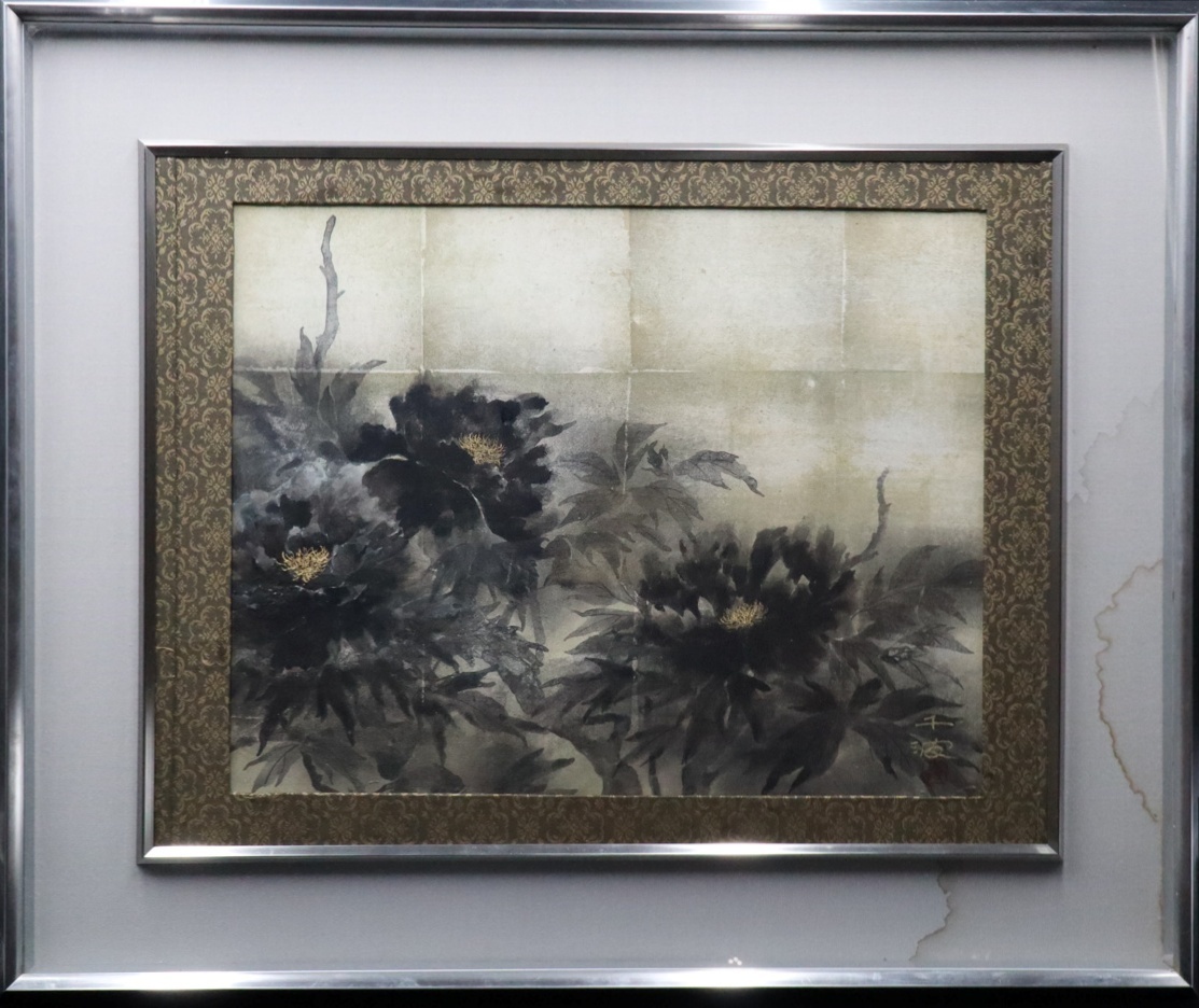 宙】模写 中島千波「墨牡丹」日本画 P8号 金落款 共シール 額装 現代