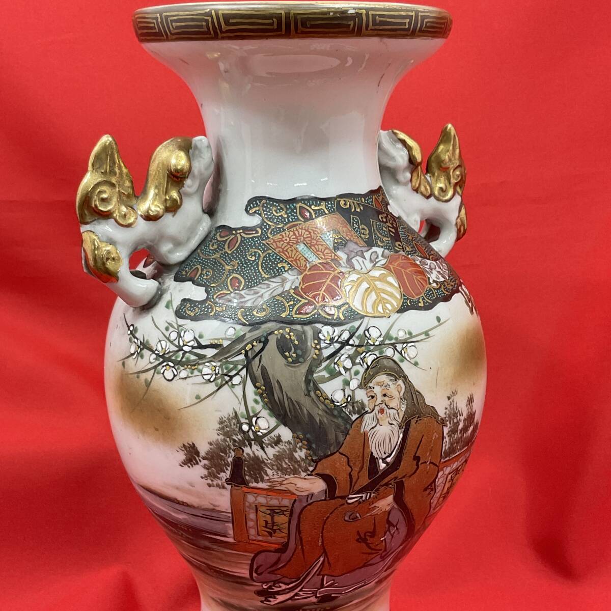 九谷焼 獅子付き 壺 花瓶 高さ約30cm 耳付 金彩 色絵 鶴 生花 花器