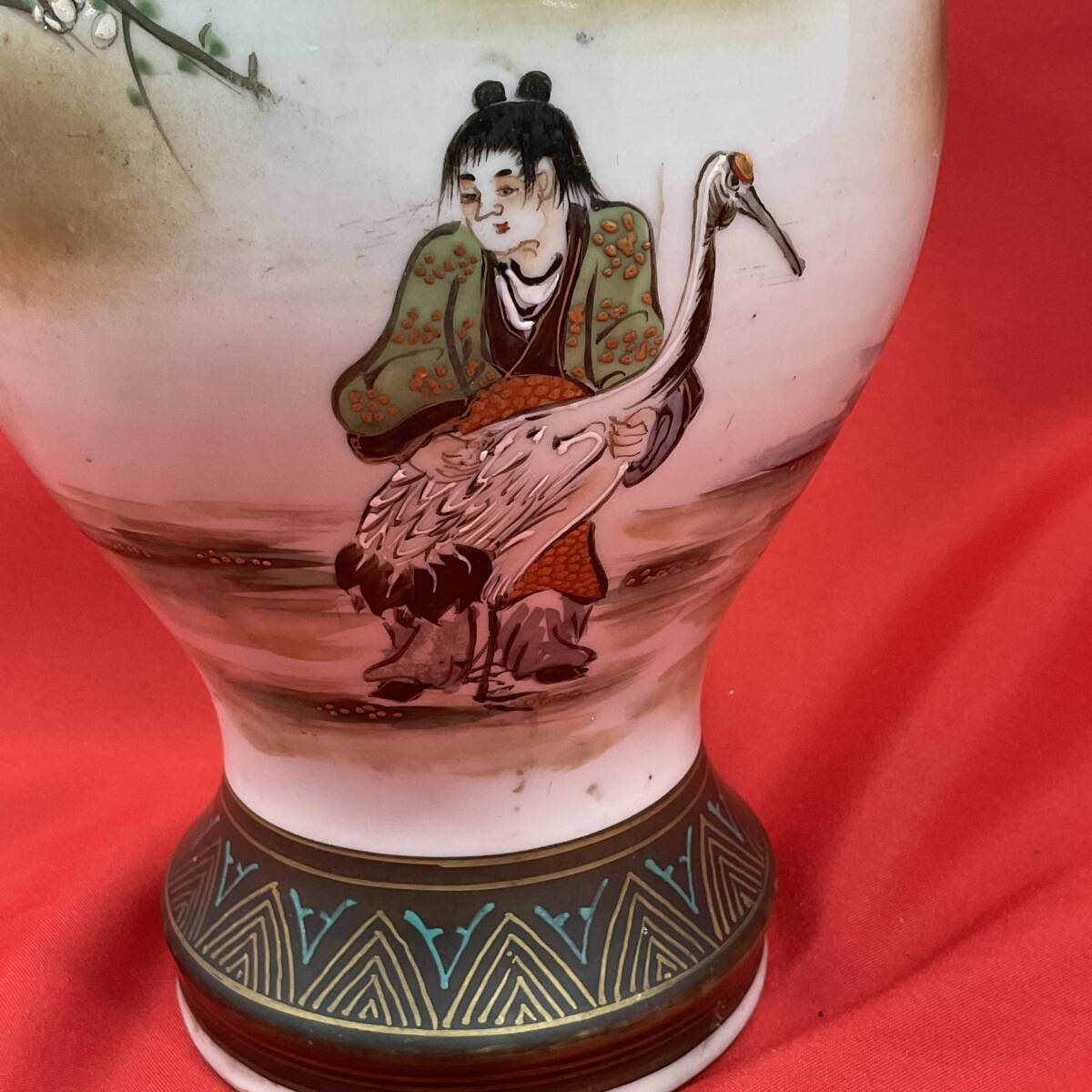 九谷焼 獅子付き 壺 花瓶 高さ約30cm 耳付 金彩 色絵 鶴 生花 花器