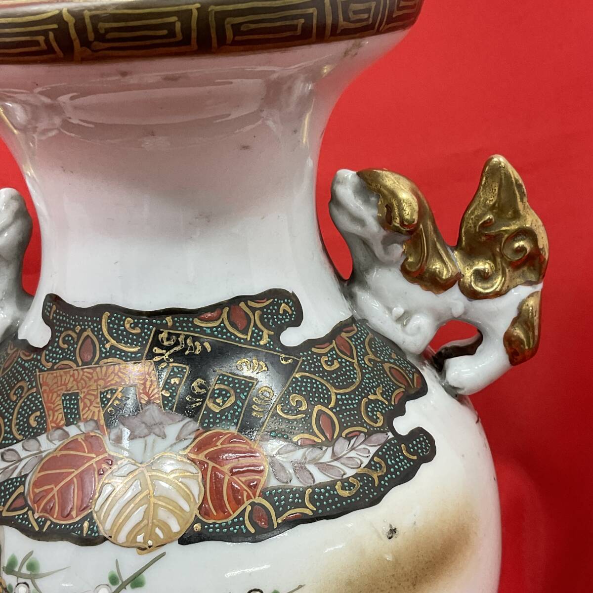 九谷焼 獅子付き 壺 花瓶 高さ約30cm 耳付 金彩 色絵 鶴 生花 花器