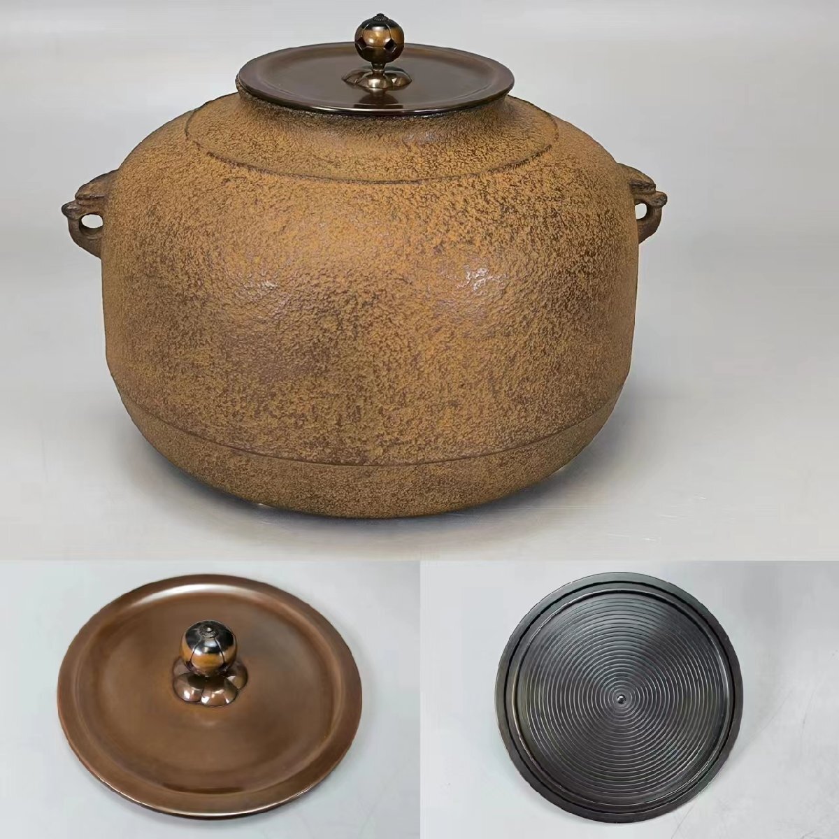 F0484 釜師 十二代 和田美之助造 真形釜 獣面双耳 丸形銅摘蓋 茶道具