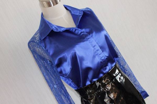 OL超光沢とろみ感　Sexyレースのサテンブラウス　XLサイズ