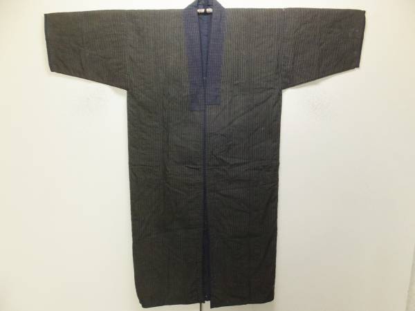 古布７１０　縞と藍染めの長半てん　長着　正藍●