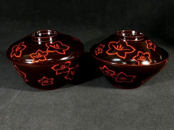 d0729 古い漆器 桔梗蒔絵 二種の椀 五客 十点セット 見栄え良き一品