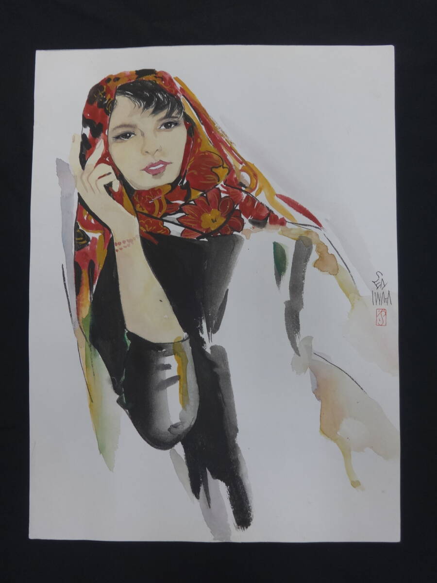 模写】 岩田専太郎 赤いスカーフ おんな画Ⅳ 装い・水彩画・紙本著色